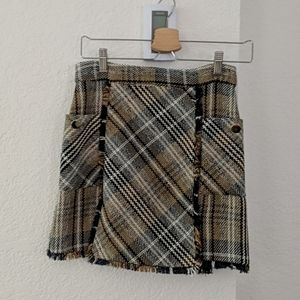 Navy Tan Plaid Tweed Skirt Zara